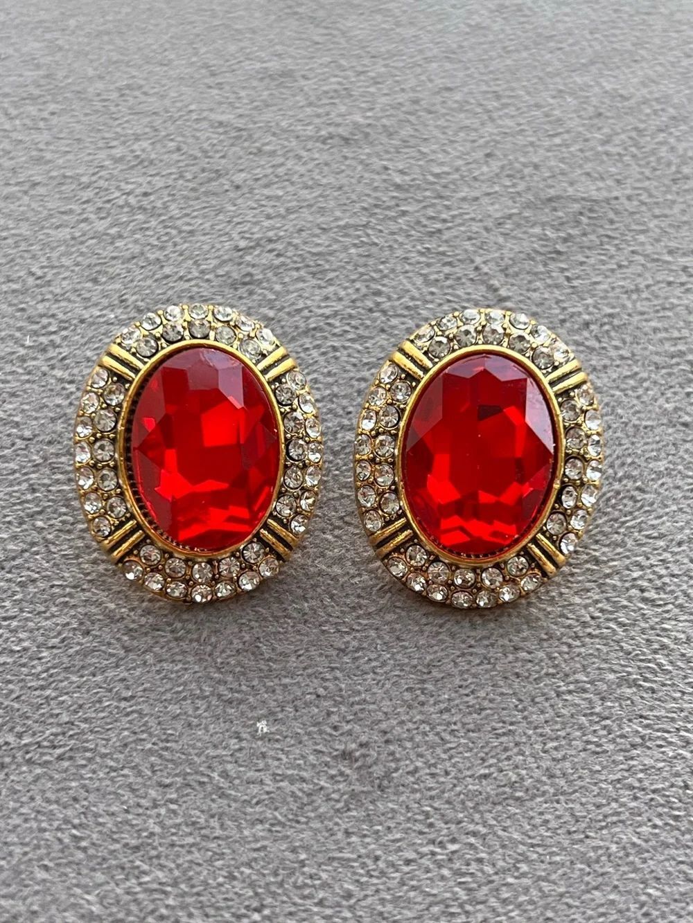Gold Tone Red Oval Crystal Stud Earrings